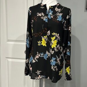 Floral Black Blouse with Blue and Yellow Accents
